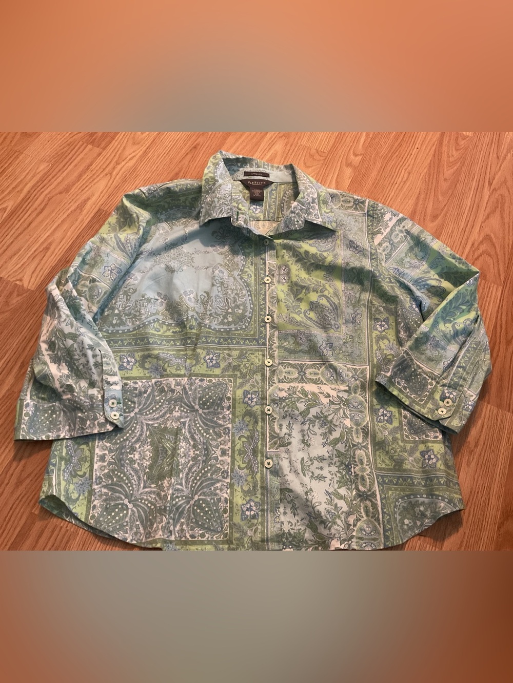 WOMENS Green & Blue Paisley Patchwork Button-Up Shirt XXL. STRETCHY